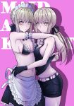  2girls absurdres apron artoria_pendragon_(alter_swimsuit_rider)_(fate) artoria_pendragon_(alter_swimsuit_rider)_(second_ascension)_(fate) artoria_pendragon_(fate) belt belt_buckle bikini bikini_top_only black_bikini black_gloves black_ribbon black_shirt black_shorts black_skirt blonde_hair braid breasts buckle closed_mouth commentary dual_persona english_commentary fate/grand_order fate_(series) french_braid gloves hair_ribbon highres longdq3008 looking_at_viewer maid_headdress multiple_girls navel official_alternate_costume pale_skin pink_background ponytail ribbon saber_alter saber_alter_(ver._shinjuku_1999)_(fate) shirt short_hair shorts sidelocks simple_background skirt sleeveless sleeveless_shirt small_breasts swimsuit waist_apron white_apron white_belt yellow_eyes 