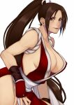  1girl arm_guards breasts brown_eyes brown_hair center_opening closed_mouth commentary_request fatal_fury from_side hair_ribbon high_ponytail japanese_clothes kimono large_breasts leaning_forward light_smile long_hair looking_at_viewer ninja obi red_kimono revealing_clothes ribbon sash shiranui_mai sideless_kimono simple_background solo tasuki the_king_of_fighters very_long_hair white_background white_ribbon white_sash yasunososaku 