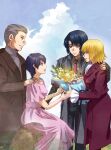  2boys 2girls athrun_zala blonde_hair blue_hair bouquet brown_coat cagalli_yula_athha coat dress father_and_son ghost green_eyes grey_hair grey_jacket gundam gundam_seed gundam_seed_freedom hand_on_another&#039;s_shoulder highres holding holding_bouquet husband_and_wife jacket jewelry lenore_zala light_smile mother_and_son multiple_boys multiple_girls necklace oliverb26658072 pant_suit pants patrick_zala pink_dress short_hair sky smile suit tombstone yellow_eyes 