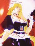  1girl blonde_hair breasts cleavage collar corset dress frilled_bonnet frilled_collar frilled_dress frilled_gloves frills gloves glowing glowing_eyes hair_between_eyes highres holding holding_umbrella jian_tai_(cuoyu0) large_breasts lips looking_at_viewer mole mole_under_mouth neck_ribbon official_alternate_costume parted_lips puffy_short_sleeves puffy_sleeves purple_eyes red_background red_ribbon ribbon short_sleeves solo touhou umbrella white_gloves yakumo_yukari 