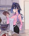  1girl absurdres adjusting_apron apron backpack bag black_hair black_skirt blue_eyes blue_hair book bowl cabinet chocolate_making hair_intakes highres holding holding_book hololive hololive_english kitchen kitchen_knife koizumi_arata long_hair milk_carton ouro_kronii pink_shirt reading shirt skirt solo virtual_youtuber white_apron 