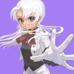  1girl ascot black_shirt gloves jacket long_hair long_sleeves looking_at_viewer mutsuba_asaka pants purple_background purple_eyes red_ascot shirt simple_background smirk white_gloves white_hair white_jacket white_pants yu-gi-oh! yu-gi-oh!_go_rush!! yuzutaroman 