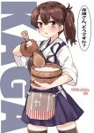  1girl apron black_thighhighs blue_hakama brown_eyes brown_gloves brown_hair character_name commentary_request cowboy_shot flight_deck gloves hakama hakama_short_skirt hakama_skirt highres holding holding_spoon japanese_clothes kaga_(kancolle) kantai_collection kitahama_(siroimakeinu831) long_hair looking_at_viewer muneate ohitsu one-hour_drawing_challenge partially_fingerless_gloves rice shamoji side_ponytail single_glove skirt solo spoon tasuki thighhighs translation_request twitter_username white_background wooden_spoon yugake 