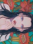  1girl bad_id bad_twitter_id black_hair blue_background blue_eyes close-up dress earrings flower jewelry long_hair looking_at_viewer nico_robin one_piece sidelocks sleep_humubo solo 