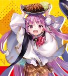  1girl black_headwear curry curry_rice double_bun food gomi_chihiro hair_bun hat heaven_burns_red katsudon_(food) kunimi_tama long_hair long_sleeves looking_at_viewer military_hat open_mouth pink_eyes pink_hair plaid plaid_skirt plate_on_head ribbon rice shirt skirt solo two_side_up very_long_hair white_shirt 