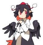  1girl bird_wings black_hair black_skirt black_wings blush buttons closed_mouth collared_shirt feathered_wings hair_between_eyes hand_fan hat hauchiwa holding holding_fan ini_(inunabe00) long_sleeves pointy_ears pom_pom_(clothes) red_eyes red_headwear shameimaru_aya shirt short_hair simple_background skirt solo tokin_hat touhou white_background white_shirt wings 