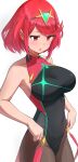  1girl absurdres blush core_crystal_(xenoblade) earrings hair_between_eyes hair_ornament highres jewelry looking_down one-piece_swimsuit open_mouth oruru63100814 pyra_(xenoblade) red_eyes red_hair short_hair swimsuit white_background xenoblade_chronicles_(series) xenoblade_chronicles_2 