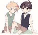  2boys absurdres antenna_hair aqua_eyes basil_(faraway)_(omori) basil_(omori) black_eyes black_hair black_sweater_vest blonde_hair bright_pupils brown_shorts closed_mouth collared_shirt flower green_sweater_vest hair_between_eyes hair_flower hair_ornament hand_on_another&#039;s_thigh hand_on_ground highres looking_at_another multiple_boys omori on_ground red_flower shirt short_hair short_sleeves shorts simple_background sippudayo sitting smile socks sunny_(omori) sweat sweatdrop sweater_vest white_pupils white_shirt white_socks 