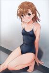  1girl absurdres bare_shoulders barefoot blush breasts brown_eyes brown_hair closed_mouth collarbone feet foot_out_of_frame hair_ornament highres isshi_pyuma legs lips looking_at_viewer misaka_mikoto one-piece_swimsuit scan shiny_skin small_breasts solo swimsuit thighs toaru_kagaku_no_railgun toaru_majutsu_no_index toenails toes 