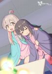  2girls :d ahoge artist_name black_hair blanket brown_eyes candle closed_eyes colored_inner_hair commentary copyright_name corrupted_twitter_file couch dot_nose english_text grey_hair hair_between_eyes hand_on_another&#039;s_shoulder highres indoors leaning_on_person light_blush long_hair long_sleeves male-female_symbol multicolored_hair multiple_girls on_floor onii-chan_wa_oshimai! open_mouth oyama_mahiro oyama_mihari pajamas pants pink_hair pink_pajamas pink_pants purple_hair robomito siblings sisters sitting smile table two-tone_hair zipper_pull_tab 