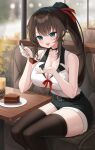  1girl absurdres belt black_collar black_shorts black_thighhighs blue_eyes blush breasts brown_hair bubble_tea cake cake_slice candle cleavage collar collarbone commission female_commander_(girls&#039;_frontline) food fork girls&#039;_frontline hands_up highres holding holding_fork indoors large_breasts long_hair looking_at_viewer open_mouth original ponytail red_ribbon ribbon rynzfrancis shirt shirt_tucked_in short_shorts shorts sidelocks sitting sleeveless sleeveless_shirt solo termichan_(not-a-bot) thighhighs twitter_username white_shirt 