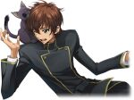  &gt;_&lt; 1boy animal animal_on_shoulder arthur_(code_geass) artist_request belt biting black_jacket brown_hair buttons cat code_geass code_geass:_lost_stories cropped_torso double-breasted dutch_angle game_cg green_eyes hand_up head_biting jacket kururugi_suzaku layered_sleeves long_sleeves male_focus non-web_source official_art one_eye_closed open_mouth school_uniform short_hair sidelocks simple_background solo_focus sweat teeth transparent_background upper_body wince 