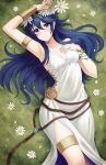  1girl arm_up armlet armpits bare_shoulders birthmark blue_eyes blue_hair bracelet brand_of_the_exalt breasts cleavage closed_mouth collarbone doiparuni dress fire_emblem fire_emblem_awakening fire_emblem_heroes flower hair_between_eyes hair_flower hair_ornament highres holding holding_flower jewelry long_hair looking_at_viewer lucina_(fire_emblem) lucina_(valentine)_(fire_emblem) lying official_alternate_costume on_back side_slit sleeveless sleeveless_dress small_breasts smile solo valentine white_dress 
