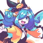  :d black_bow blue_eyes blue_hair blurry blurry_foreground bow commentary_request cygames depth_of_field dragalia_lost eyelashes fang hair_bow hair_over_one_eye halloween halloween_costume jack-o&#039;-lantern jack-o'-lantern jacket long_sleeves looking_at_viewer nintendo one_eye_covered open_mouth orange_jacket reiesu_(reis) signature silke_(dragalia_lost) simple_background smile solo upper_body white_background wings 