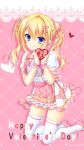  1girl :q blonde_hair blue_eyes blush bow box center_frills closed_mouth company_name eyes_visible_through_hair foot_out_of_frame frilled_skirt frilled_sleeves frilled_wrist_cuffs frills gift hair_between_eyes hair_ornament hands_up happy_valentine heart heart-shaped_box heart_hair_ornament highres holding holding_gift kin-iro_loveriche kisaki_reina kneeling long_hair looking_at_viewer mary_janes official_art official_wallpaper orange_bow pink_background pink_footwear pink_skirt pink_wrist_cuffs plaid plaid_skirt pom_pom_(clothes) pom_pom_hair_ornament puffy_short_sleeves puffy_sleeves red_bow shirt shoes short_sleeves simple_background skirt smile solo thighhighs tongue tongue_out toranosuke twintails two-tone_skirt valentine wavy_hair white_shirt white_skirt white_thighhighs wrist_cuffs zettai_ryouiki 