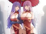  2girls :d bare_shoulders blush breasts china_dress chinese_clothes commentary covered_navel dragon_print dress elbow_gloves english_commentary gloves green_eyes heterochromia highres holding holding_umbrella keenh large_breasts long_hair looking_at_another multiple_girls open_mouth original panties pelvic_curtain purple_eyes purple_gloves purple_hair red_dress smile umbrella underwear 