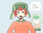  1boy blue_background english_text fang fur_hat green_eyes halloween_(owo) hat jacket kyle_broflovski male_focus open_mouth orange_hair short_hair south_park ushanka zipper_pull_tab 