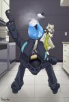  1boy 1girl absurdres animal_ear_fluff animal_ears arknights black_gloves cat_ears cat_girl doctor_(arknights) gloves highres instant_noodle_block just_found_one_of_the_craziest_stock_pics_ever_(meme) kal&#039;tsit_(arknights) kettle kitchen male_doctor_(arknights) meme oven pileofsnow rhodes_island_logo_(arknights) signature 