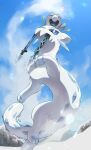 animal_focus blue_eyes blue_sky bright_pupils chien-pao closed_eyes cloud commentary_request frigibax highres ice no_humans nullma open_mouth outdoors pokemon pokemon_(creature) riding riding_pokemon sky smile snow snow_leopard tail whiskers white_fur white_pupils 