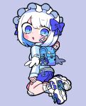  1girl backpack bag bandaid bandaid_on_cheek bandaid_on_face black_outline blue_bag blue_bow blue_eyes blue_footwear blue_nails blue_shorts blue_track_suit blush_stickers bow chibi feathered_wings gauze_on_knee hair_bow headdress highres light_blue_background looking_to_the_side original outline short_hair shorts solo terada_tera track_suit white_hair white_headdress wings 