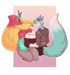 2024 anthro arm_grab big_tail blue_body blue_fur blush bottomwear braixen canid canine clothing countershading digital_media_(artwork) dipstick_tail duo eyebrows eyes_closed fan_character female fox fur generation_6_pokemon head_grab hi_res hoodie inner_ear_fluff kiss_on_lips kissing lavenderpandy looking_at_another male male/female mammal mane markings multicolored_tail nintendo pants pokemon pokemon_(species) ribbons roflfox romantic romantic_couple seraphine_(roflfox) sitting stick tail tail_markings topwear tuft white_body white_fur yellow_body yellow_fur