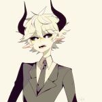  1boy blush demon_boy demon_horns funamusea haiiro_teien horns kcalb_(haiiro_teien) looking_at_viewer sakiroll solo suit white_hair 