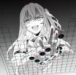  1girl board_game collared_shirt go_(board_game) greyscale hair_between_eyes hair_ribbon highres hololive hoshimachi_suisei hoshimachi_suisei_(streetwear) jacket long_hair monochrome neck_ribbon nervous_sweating off_shoulder official_alternate_costume open_clothes open_jacket open_mouth playing_games reaching ribbon shirt since2019 sleeveless sleeveless_shirt sweat teeth textless_version upper_teeth_only 