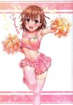  1girl absurdres armpits bare_shoulders breasts brown_eyes brown_hair cheerleader collarbone gekota hair_ornament heart heart_print highres holding isshi_pyuma leg_up looking_at_viewer medium_hair midriff miniskirt misaka_mikoto navel open_mouth pleated_skirt pom_pom_(cheerleading) ribbon scan shiny_skin skirt sleeveless small_breasts smile solo stomach sweat sweatdrop teeth thighhighs thighs toaru_kagaku_no_railgun toaru_majutsu_no_index upper_teeth_only 