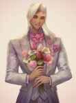  1boy androgynous berakoth bouquet english_commentary flower formal highres korean_commentary lifeweaver_(overwatch) long_hair looking_at_viewer male_focus mixed-language_commentary overwatch overwatch_2 pink_flower simple_background smile solo twitter_username white_background white_flower white_hair 