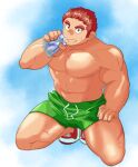  1boy abs bara brown_hair bulge drinking facial_hair full_body goatee kneeling large_pectorals looking_at_viewer male_focus muscular muscular_male navel pectorals ragi_san_(ononokomachiimo) raised_eyebrows scar scar_on_cheek scar_on_face shoes short_hair short_shorts shorts sideburns_stubble sneakers solo spiked_hair staring stomach strongman_waist stubble sweat tamamura_gunzo thick_eyebrows thighs tokyo_afterschool_summoners wide-eyed 