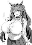  1girl absurdres alternate_breast_size animal_ears breasts button_gap choker collarbone commentary_request daiwa_scarlet_(umamusume) greyscale hair_between_eyes highres horse_ears horse_girl huge_breasts long_hair long_sleeves metsu_end midriff monochrome navel open_mouth partially_unbuttoned revision shirt skirt solo tiara tied_shirt translation_request twintails umamusume 