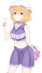  1girl arm_behind_back blonde_hair breasts cheerleader commentary_request cowboy_shot crop_top crop_top_overhang hat highres maribel_hearn medium_breasts miniskirt mob_cap navel pleated_skirt pom_pom_(cheerleading) purple_skirt skirt solo touhou usuaji v yellow_eyes 