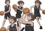  1boy absurdres alternate_costume ball basketball_(object) basketball_uniform black_footwear black_shirt black_tank_top blush brown_eyes brown_hair closed_eyes dark-skinned_male dark_skin hair_between_eyes highres kel_(faraway)_(omori) kel_(omori) omori open_mouth parted_lips renshu_usodayo shirt short_hair simple_background sleeveless sleeveless_shirt smile socks sportswear sweat sweatdrop tan tank_top v-neck white_background white_socks 