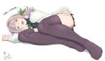  1girl ass blush bow bowtie dated eyelashes full_body green_bow green_bowtie green_eyes grey_hair hair_intakes hinamizawa_kurumi hori_shin legs long_hair long_sleeves lying miniskirt mole mole_under_mouth no_shoes on_side open_mouth pleated_skirt ponytail purple_thighhighs pygmalion._(group) signature simple_background skindentation skirt solo teeth thighhighs thighs toes virtual_youtuber white_background 