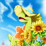  animal_focus artist_name blue_background blue_sky blurry cloud commentary day depth_of_field flower hat highres looking_to_the_side looking_up meganium no_humans numeito open_mouth outdoors pokemon pokemon_(creature) signature sky solo standing straw_hat sunflower yellow_eyes yellow_flower yellow_headwear 