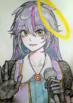  1girl animal_ears black_gloves blue_hair eye_symbol gloves halo highres holding holding_microphone looking_at_viewer m4skedboi microphone multicolored_hair open_mouth purple_hair scp-6777 scp_foundation traditional_media white_background yellow_halo 