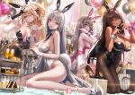  4girls animal_ears bare_shoulders black_gloves black_leotard blanc_(nikke) blonde_hair blush breasts brown_hair brown_pantyhose cleavage dark-skinned_female dark_skin detached_collar elbow_gloves fake_animal_ears fishnet_pantyhose fishnets gloves goddess_of_victory:_nikke green_eyes grey_hair grey_pantyhose heart heart_hands highleg highleg_leotard highres large_breasts leotard long_hair looking_at_viewer looking_back multiple_girls noir_(nikke) one_eye_closed open_mouth pantyhose pink_leotard playboy_bunny rabbit_ears rabbit_tail rupee_(nikke) rupee_(rabbit_deluxe)_(nikke) smile sonsoso tail thighs v very_long_hair viper_(nikke) viper_(toxic_rabbit)_(nikke) white_hair white_leotard white_pantyhose wrist_cuffs yellow_eyes 