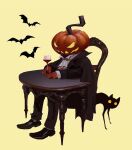  1other alcohol animal ascot bat_(animal) black_cape black_cat black_cloak black_coat black_footwear black_jacket black_pants cape cat chair cloak coat colored_sclera commentary cup drinking_glass english_commentary faux_traditional_media full_body glowing halloween halloween_costume highres holding holding_cup jack-o&#039;-lantern jacket long_sleeves looking_at_viewer no_humans on_chair original pants pumpkin shirt shoes simple_background sitting slit_pupils solo table white_ascot white_shirt wine wine_glass yellow_background yellow_eyes yellow_sclera yuming_li 
