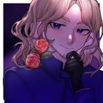  1boy axis_powers_hetalia black_gloves blonde_hair blue_eyes blue_shirt chinese_commentary closed_mouth commentary_request facial_hair flower france_(hetalia) gloves hand_on_own_chin long_sleeves male_focus medium_hair portrait red_flower red_rose rose shirt smile solo stubble wavy_hair xianyujunzhimiyingla 