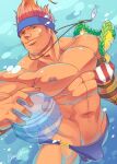  1boy abs ball bara beard_stubble beaugilliam blitzball blue_headband blue_male_swimwear brown_eyes bulge closed_mouth dark-skinned_male dark_skin earrings facial_hair final_fantasy final_fantasy_x gloves headband highres holding holding_ball jewelry large_pectorals looking_at_viewer male_focus male_swimwear muscular muscular_male necklace nipples orange_hair pectorals short_hair signature smile solo sparse_navel_hair stubble stud_earrings swim_briefs underwater wakka 