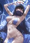  1girl arabian_clothes armlet armpits belly_chain black_hair blue_archive breasts bright_pupils dancer earrings hair_ornament hairclip halo hashtag_only_commentary head_chain highres jewelry jo_sumi large_breasts mouth_veil navel red_eyes rio_(blue_archive) tentacles veil white_pupils 