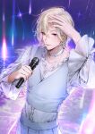  1boy absurdres blonde_hair choker hair_between_eyes highres holding holding_microphone kkopoli long_sleeves male_focus microphone multicolored_hair noah_(plave) open_mouth plave purple_eyes shirt short_hair solo white_choker white_shirt 