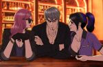  1boy 2girls bar_(place) black_gloves breasts cdtxufre cleavage closed_eyes facial_hair girl_sandwich glasses gloves goatee grey_hair highres kei_(ryuu_ga_gotoku) kiryu_kazuma looking_at_another multiple_girls pink_hair ponytail purple_hair purple_shirt ryuu_ga_gotoku_(series) ryuu_ga_gotoku_8 sandwiched seonhee shirt sitting the_weaker_sex_1_(gibson) 