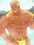  1boy abs absurdres armpit_hair armpit_hair_peek bara beard blonde_hair bulge chest_hair crave_saga dark-skinned_male dark_skin earrings excalibur_(crave_saga) eyebrow_cut facial_hair forked_eyebrows hand_on_own_hip highres jewelry large_pectorals looking_at_viewer male_focus male_swimwear mature_male muscular muscular_male navel_hair nipples official_alternate_costume onsen paparatsy pectorals red_eyes short_hair sparse_arm_hair sparse_chest_hair swim_briefs thick_eyebrows topless_male towel towel_around_neck wet yellow_male_swimwear 