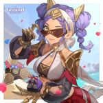  1girl :p absurdres armor bandeau bare_shoulders benben_(genshin_impact) blindfold blue_sky braid breasts cleavage commentary day genshin_impact highres holding jeht_(genshin_impact) long_hair looking_at_viewer midriff official_art outdoors purple_hair shoulder_armor sky smile solo tongue tongue_out twintails yellow_eyes 