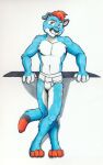 anthro barefoot blue_body blue_fur briefs briefs_only bulge cirruskitfox clothed clothing feet felid feline fur green_eyes hair hi_res male mammal markings orange_hair smile solo striped_markings stripes tighty_whities topless underwear underwear_only white_briefs white_clothing white_underwear