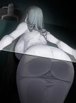  1boy 1girl ass bent_over black_hair blurry blurry_background breasts cameltoe closed_mouth couch dress erection frown grey_hair highres indoors large_breasts long_hair nago_purin scared sitting solo_focus spread_legs the_ring white_dress yamamura_sadako 