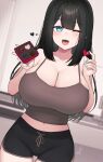  1girl black_hair black_shorts blue-eyed_girl_(hayabusa) blue_eyes blue_nails blush box box_of_chocolates breasts chocolate cleavage commentary_request dutch_angle fingernails food grey_tank_top hayabusa heart highres holding holding_food huge_breasts long_fingernails long_hair looking_at_viewer midriff_peek nail_polish one_eye_closed open_mouth original short_shorts shorts smile solo tank_top 