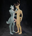 anthro barefoot beastars big_penis canid canine canis caressing deer duo enticia_(artist) erection feet genitals half-erect hi_res horn humanoid_genitalia legoshi_(beastars) looking_at_viewer louis_(beastars) male male/male mammal nude open_mouth penis smile standing tail wolf