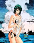  1girl bikini black_bikini breasts cleavage dress fubuki_(one-punch_man) genos green_hair highres large_breasts long_hair looking_at_viewer non-web_source ocean one-punch_man saitama_(one-punch_man) shirt solo swimsuit tatsumaki wet wet_clothes wet_shirt 